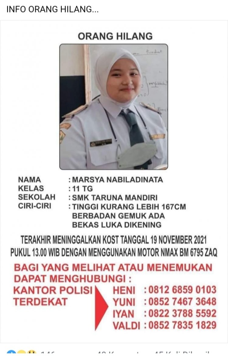 Siswa SMK Taruna Mandiri Pekanbaru Hilang Sejak Tiga Hari Lalu, Keluarga Lapor Polisi